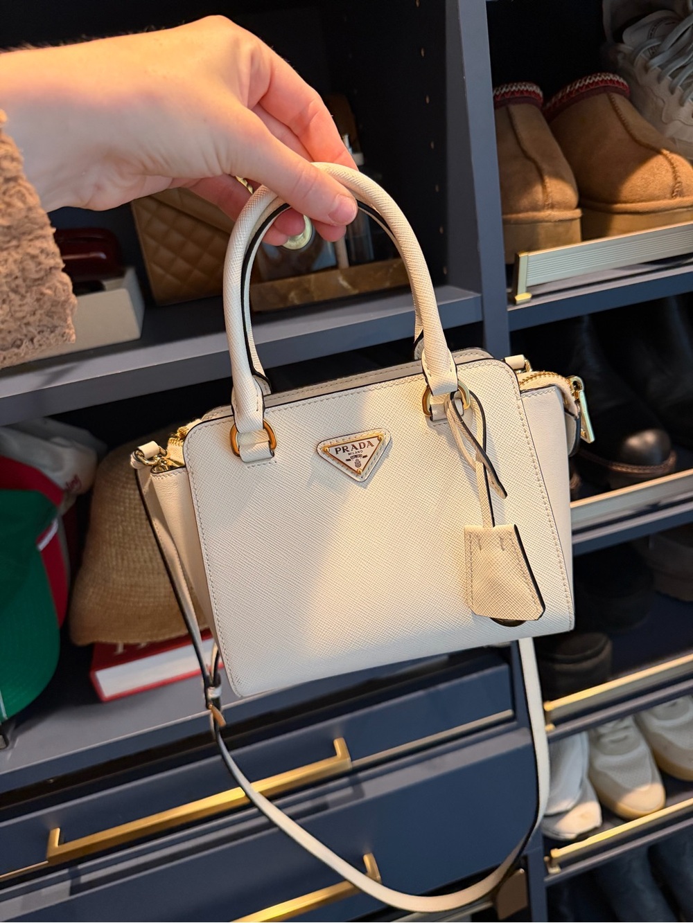 Prada Cream Saffiano Leather Mini Satchel with Gold Hardware